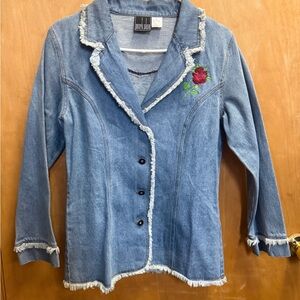 Embroidered Blue Denim Jacket with Floral Detail